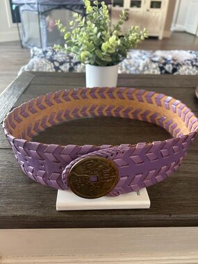 Braided Lavender Leather Waist Belt with Antique Coin Buckle